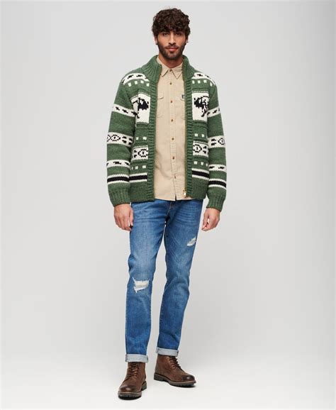 Homme Cardigan zippé en maille épaisse à motifs Vert Buffle Superdry FR