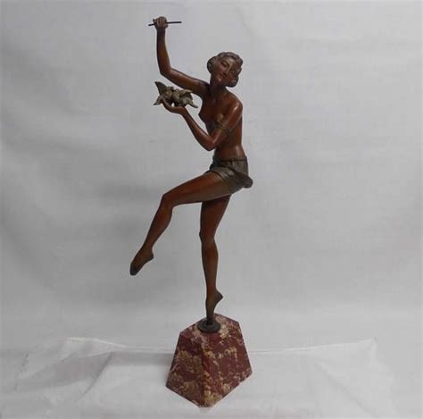 Art Deco French Statue Half Nude Paris France Foundry Mark 21 Tall Flapper Holds Baton Pair