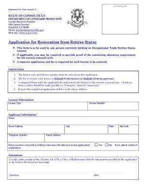 Fillable Online Ct Application For Restoration From Retiree Status Ct