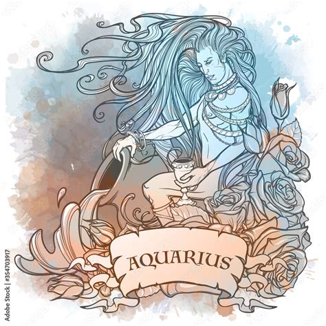 Zodiac Sign Of Aquarius Element Of Air Intricate Linear Drawing