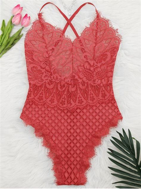 30 Off 2021 Sheer Lace Lingerie Teddy In Red Zaful