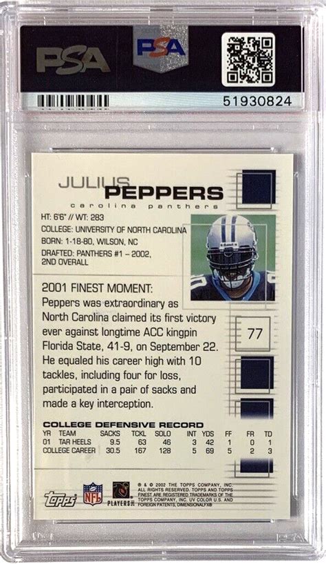 2002 Finest 77 Julius Peppers Rookie Card RC HOF Panthers PSA 10