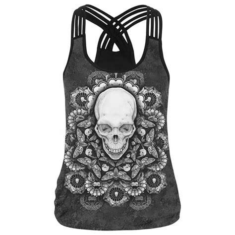 Women Tank Top Black Skull Flower Print Goth Fashion New Summer Streetwear Sexy Hollow Backless