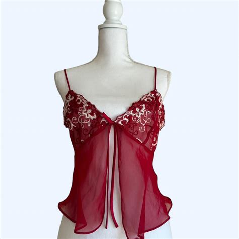 Red Sheer Lingerie Mesh Cami Top With Lace Trim Has Depop