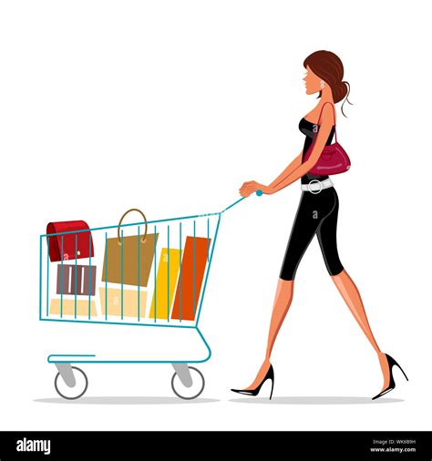 Illustration Of Shopping Lady With Trolley On White Background Stock