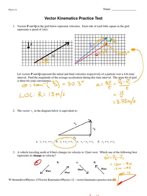 Physics 12 Vector Kinematics Practice Test Key Kinematics Velocity