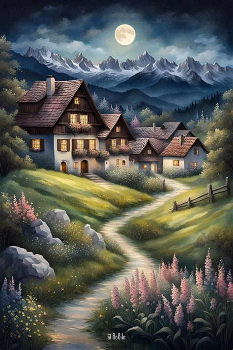 Idyllic Alpine Villages Enchanting Mountain Scenes In Moonlight Pic