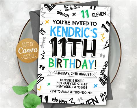 11th Birthday Invitation Boy Birthday Invitation Canva Etsy