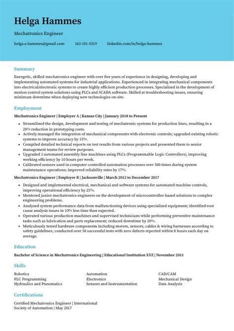 Mechatronics Engineer Resume Cv Example And Writing Guide