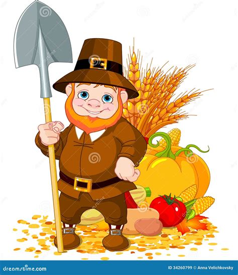 Cute Pilgrim Girl Finds Pumkin And Apple On Maple Leaves Vector Cartoon Illustration For