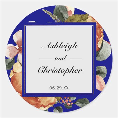 Modern Autumn Floral Blue Wedding Classic Round Sticker Zazzle