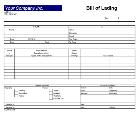 Printable Bill Of Lading Template Excel