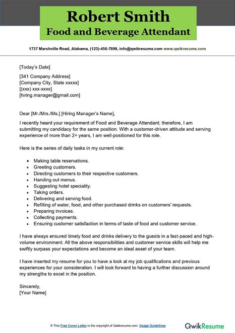 Food And Beverage Attendant Cover Letter Examples Qwikresume