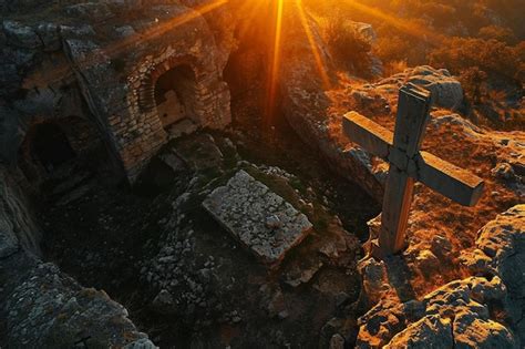 Premium Photo A Wooden Cross Sitting On Top Of A Rocky Hill