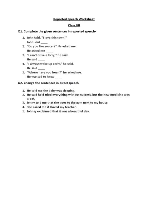 Reported Speech Worksheet Class 7 Pdf