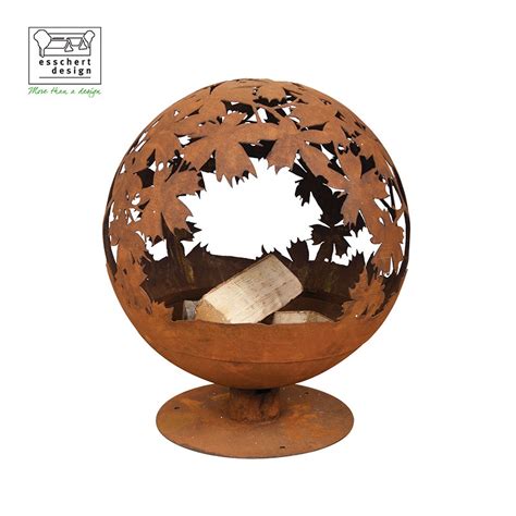 FF293 Esschert Design Rust Fire Ball Laser Cut Leaves Round Fire Bowl