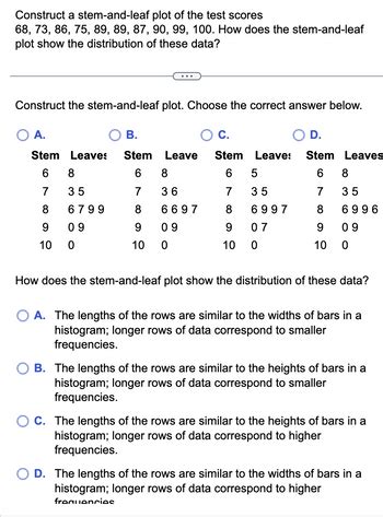 Answered Construct A Stem And Leaf Plot Of The Test Scores 68 73 86