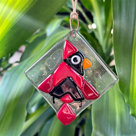 Fused Glass Cardinal Ornament Suncatcher — Painted Light Stained Glass