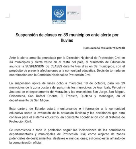 Ministerio de Educación on Twitter Se suspenden clases en 39