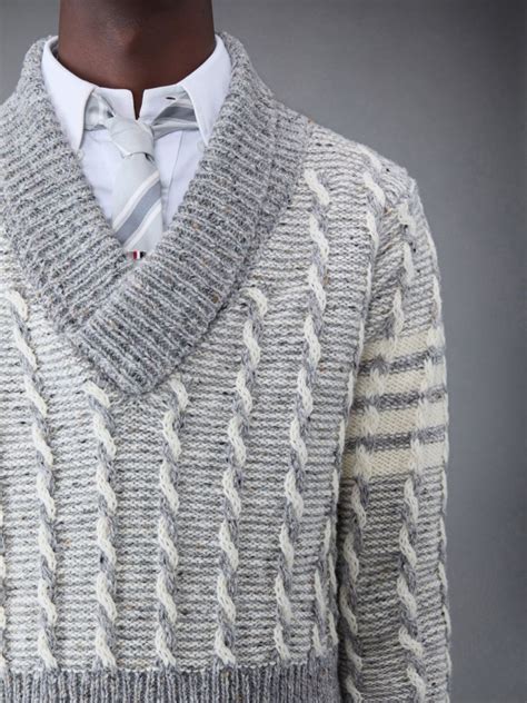 Donegal Bicolor Twist Cable Bar Shawl Neck Pullover Thom Browne