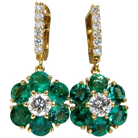 538ct Flora Cluster Natural Emerald Diamond Dangle Earrings 14kt Vivid Greens For Sale At 1stdibs