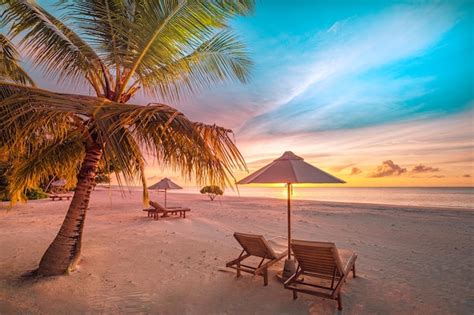 Premium Photo Beautiful Tropical Sunset Couple Sun Beds Chairs