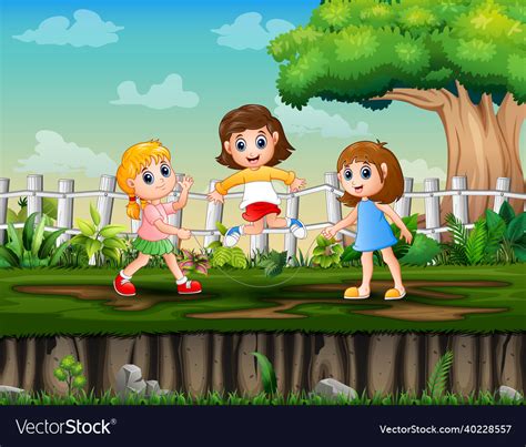 Three Girls Playing Jump Rope In The Park Vector Image