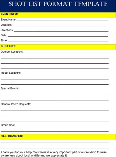 Shot List Templates Excel Word Template