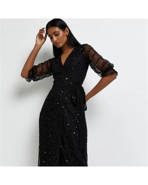 River Island Black Sequin Wrap Midi Dress Lyst Uk