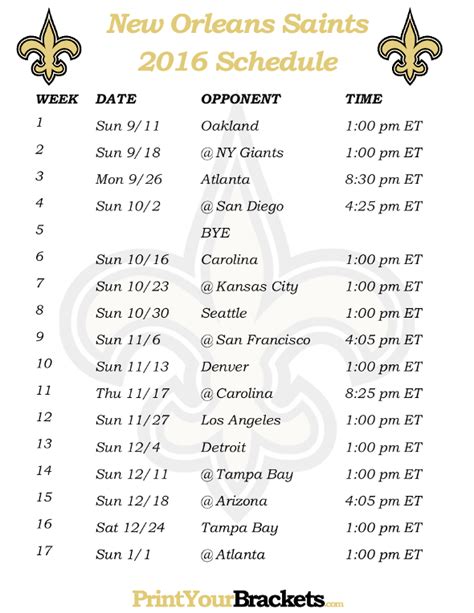 New Orleans Saints Printable Schedule Printable Templates