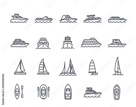 Ships line icons set. Simple symbols with yacht, kayak, inflatable boat ...