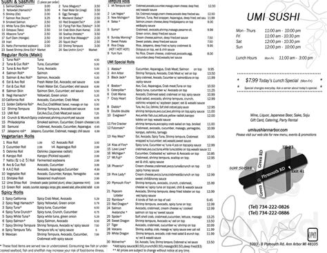UMI SUSHI menu in Ann Arbor, Michigan, USA