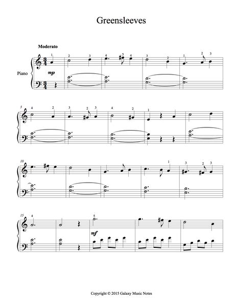 Greensleeves Easy Piano Sheet Music Galaxy Music Notes