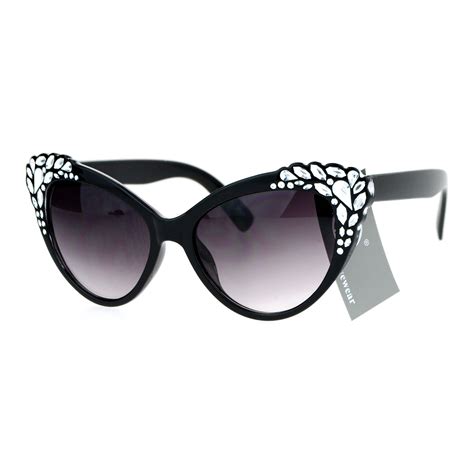 Sa106 Womens Rhinestone Iced Out Bling Cat Eye Fashion Sunglasses Black