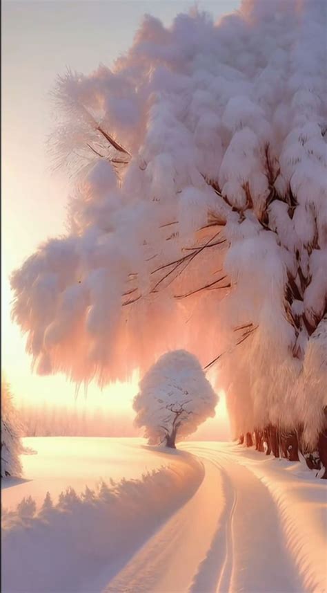 Snow Covered Trees Line A Snowy Road At Sunset