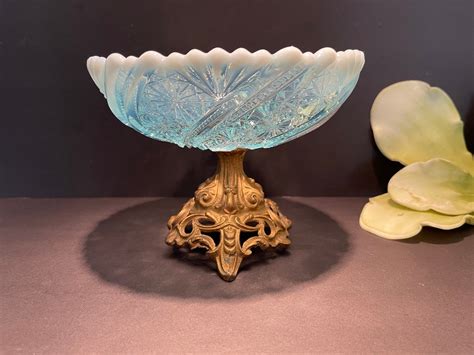 Rare Antique Davidson Pearline Icy Blue Press Glass Compote Wornate