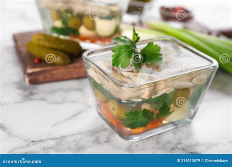 Delicious Aspic With Meat And Vegetables Served On White Marble Table