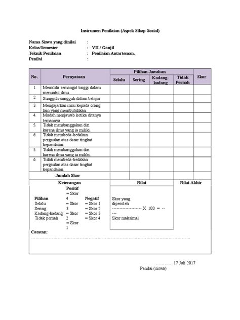 Contoh Instrumen Penilaian Aspek Sikap Sosialdocx