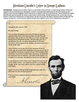 Abraham Lincoln Primary Source Letter Worksheet | Social studies ...