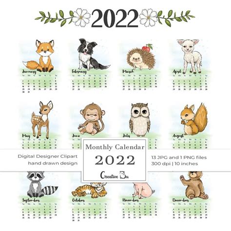 Cute Animals Printable Calendar 2025 Kids Seasonal 12 Monthly Pages Instant Download Nursery ...