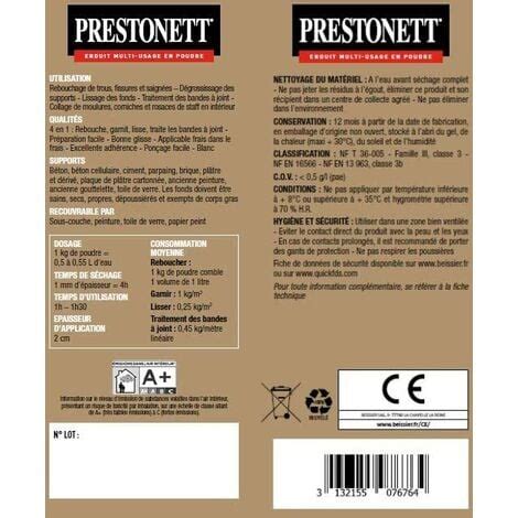 Enduit Lissage Et Rebouchage 4 En 1 PRESTONETT M Multi Usage En Poudre