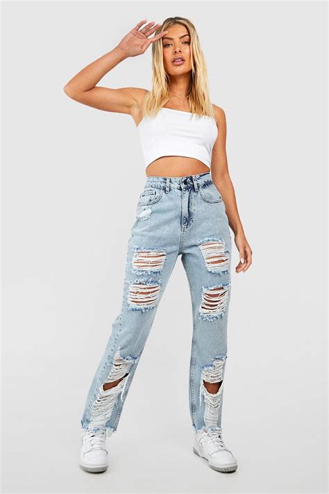 Super Distressed High Waisted Mom Jeans Boohoo Uk