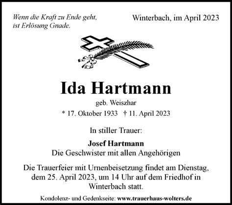 Traueranzeigen Von Ida Hartmann Zvw Trauer