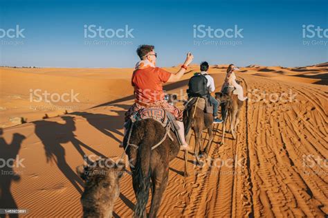 Asian Chinese Tourist Camel Caravan Going Through The Sahara Desert In