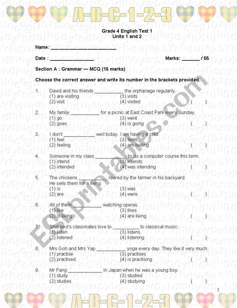 Grade 4 English Test 1 ESL Worksheet By Estherng2001