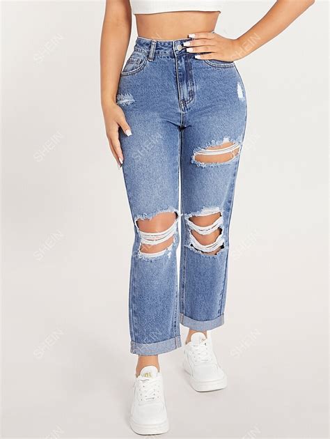 Shein Petite High Waist Cut Out Ripped Frayed Straight Leg Jeans Shein Uk