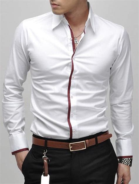 Slimming Lapel Striped Hem Mens Long Sleeve Cotton Blend Casual Shirt White M Men Fashion