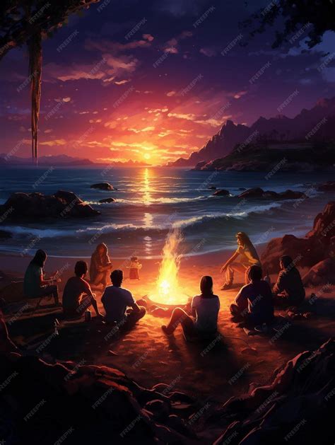 Premium Ai Image A Painting Of A Sunset With A Group Of People