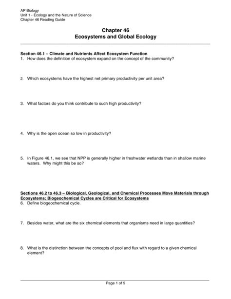 Chapter 46 Ecosystems And Global Ecology