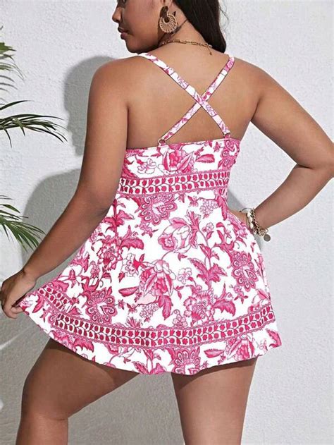 Shein Swim Bohofeel Plus Floral Print Swim Dress With Bikini Bottom